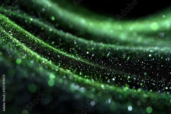 Obraz Abstract wavy green particle effect, bokeh, with darkness behind it