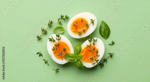 Fototapeta Freshly Cooked Soft Boiled Eggs Surrounded by Green Herbs and Basil Leaves on a Light Green Background for Culinary and Food Photography