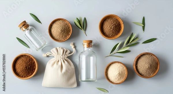 Fototapeta Aesthetic Arrangement of Natural Powders and Herbs in Bowls, Glass Jars, and Fabric Bags on a Soft Gray Background with Olive Leaves for Wellness and Health