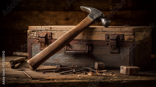 Fototapeta ハンマーが作業台で休む場面