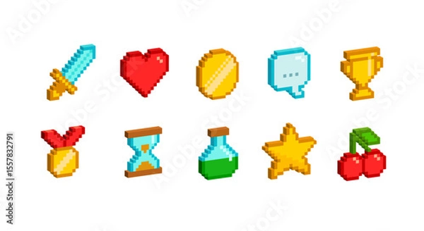 Fototapeta 3D Pixel Art icons set in 8-bit game style.  Retro 8-bit game icons set of: sword, heart, gold coin, winner medal, trophy cup, etc.  Editable vector in 3D style