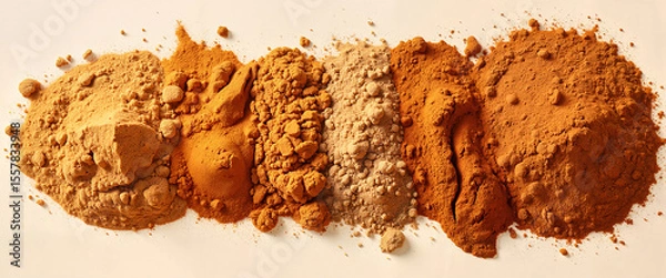 Fototapeta Variety of colorful spices arranged in a line on a white background  