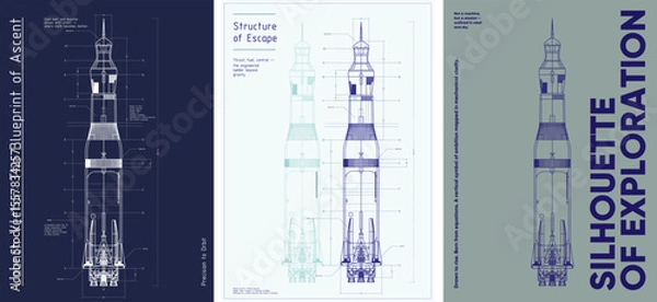 Fototapeta A poster illustrating a rocket as a precise engineering blueprint. A visual tribute to ambition, precision, and exploration—where math meets motion and design lifts off.