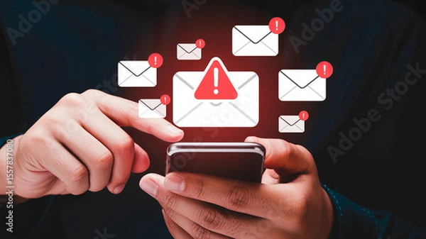 Fototapeta Smartphone Email Alert: A person's hand uses a smartphone, multiple email alerts appear with exclamation marks, indicating urgent notifications and potential issues.
