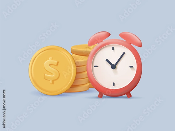 Fototapeta Long term investing or savings for retirement fund 3D render vector illustration. Compound interest or investment growth, tax time reminder concept, alarm clock and dollar coin money, increase savings