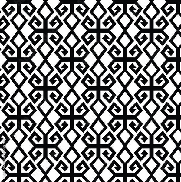Fototapeta black and white seamless pattern, geometric pattern, repeating motif, combines diamond shapes with interlocking, scroll-like elements, and overlaps.
