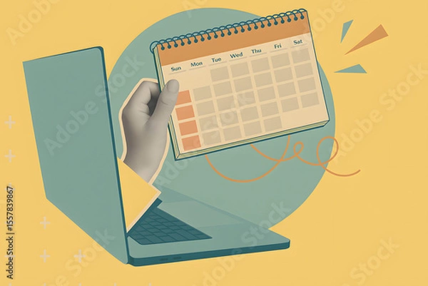 Fototapeta Digital Planner: An illustrated scene depicts a person interacting with a laptop and calendar, symbolizing scheduling and time management in a contemporary digital environment.