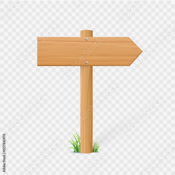 Obraz Wooden road sign vector illustration. Realistic wood direction arrow sign with grass. Board with wood texture, signboard road pointer