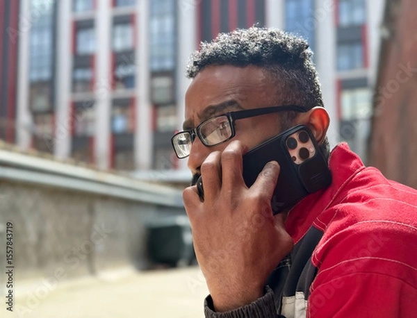 Obraz Happy African American man in a red jacket, talking on phone, blurred background. A black guy is talking on a smartphone blurred background and the concept of success, student with a phone. 