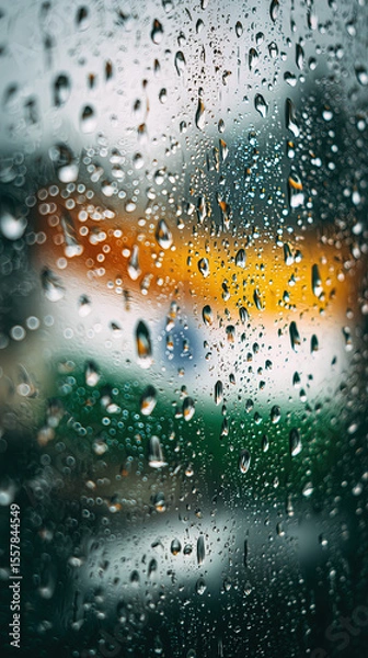 Fototapeta Raindrops on Window with Indian Flag Reflection for Independence Day and Republic Day