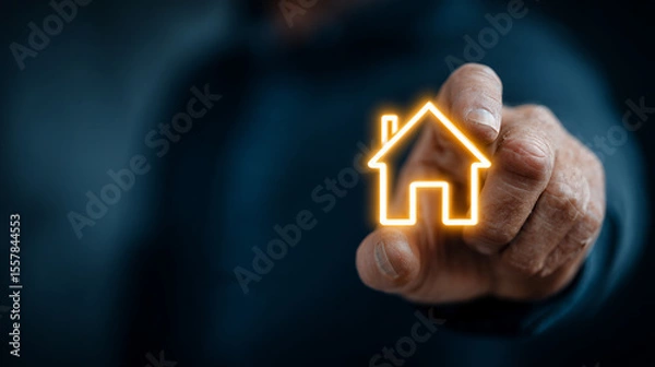 Obraz Businessman’s hand holding a glowing digital house icon symbolizing real estate, technology, and smart home concepts. Futuristic business theme with dark background and caption space on the side.

