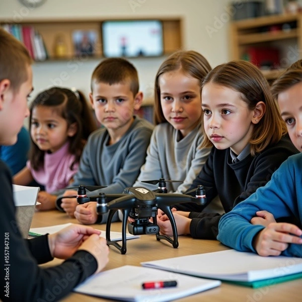 Obraz group children sitting around table classroom looking small black drone placed table front drone has camera attached appears quadcopter children different ages ethnicities wearing casual clothes boy
