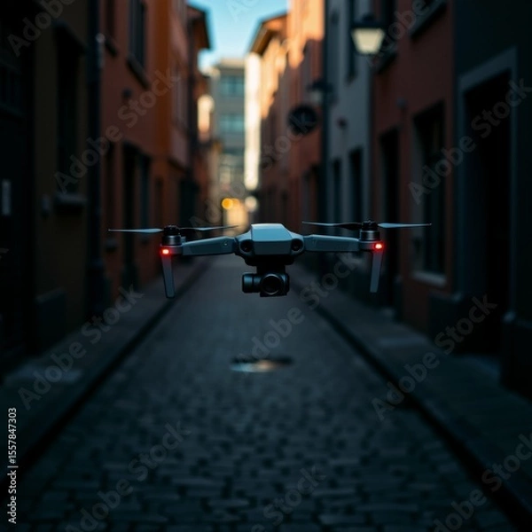 Obraz drone flying over cobblestone street night drone white four propellers camera attached street lined old fashioned buildings both sides buildings painted warm orange color sky dark street illuminated