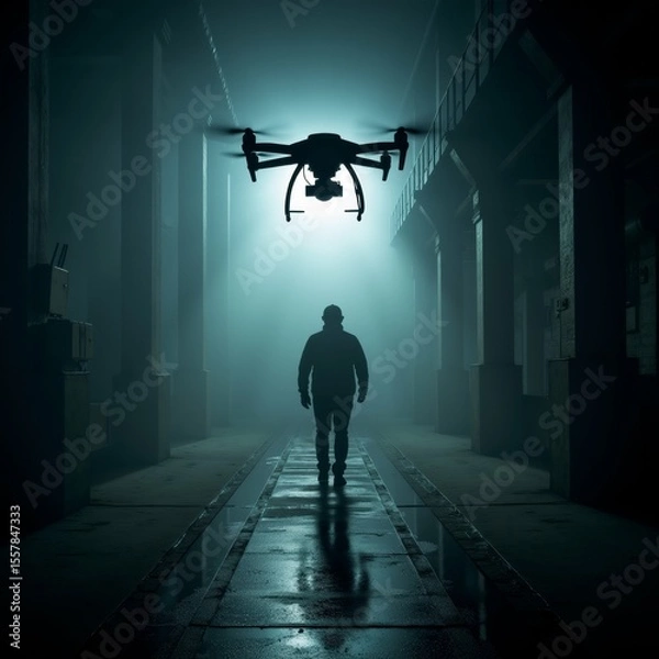 Obraz man walking down long narrow corridor pillars either side corridor dimly lit creating foggy atmosphere center drone flying low over man its propellers spinning drone black appears hovering above man