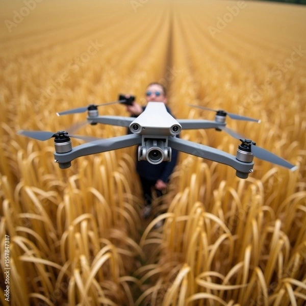 Obraz person standing field tall golden wheat stalks person holding white drone four propellers camera attached drone hovering above person head take photo sky blue sun setting casting warm glow over field