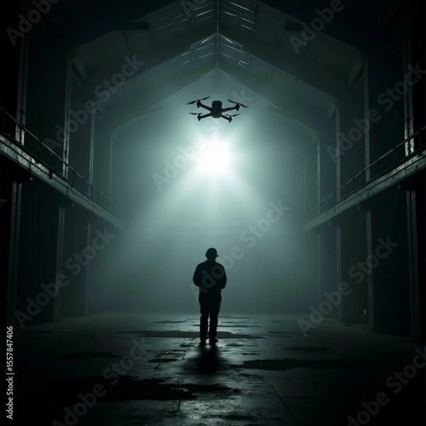 Obraz person standing empty warehouse drone flying above person facing away camera appears looking drone warehouse has high ceiling skylight above walls floor concrete light drone shining through ceiling