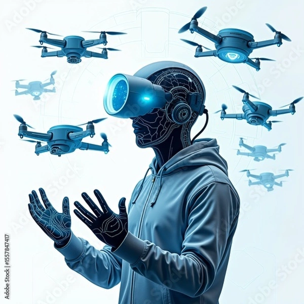 Obraz person wearing hoodie virtual reality headset person standing front white background multiple drones flying around drones blue color appear flying different directions headset has futuristic design