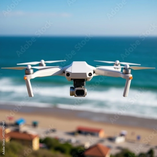 Obraz white drone flying over beach ocean background drone has four propellers camera mounted front beach sandy several houses buildings visible distance sky blue ocean beautiful turquoise color appears
