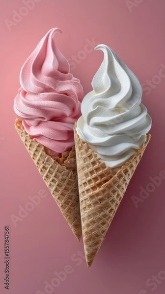 Fototapeta Pink and white soft serve ice cream cones on a table