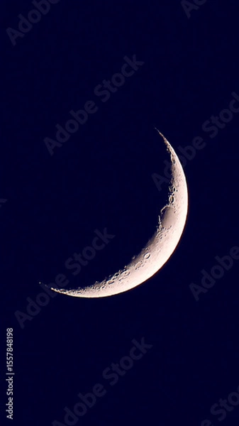 Fototapeta Detailed Crescent Moon in the night sky on dark blue background with space for Ramadan theme.