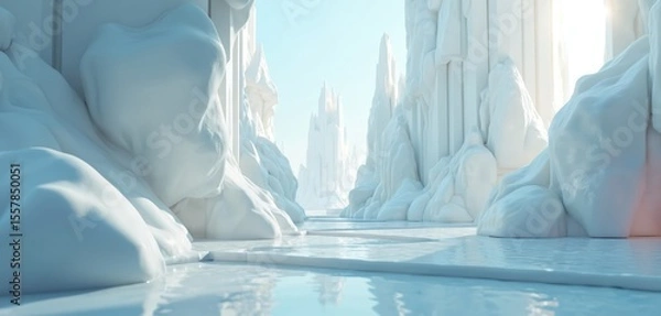 Obraz Futuristic 3d render abstract crystal building. Modern architectural design soft, blue, white colors, interior tunnel, triangle pattern. Empty hall, geometric dais, light reflection, glasses effect.