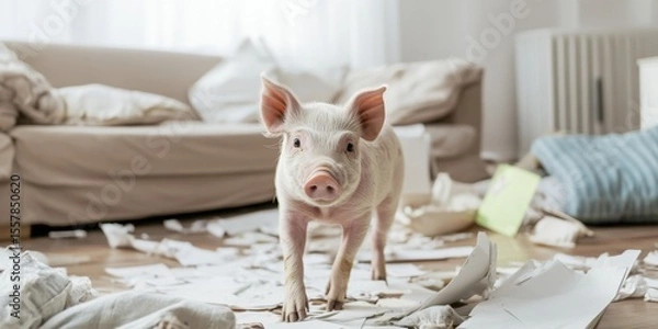 Obraz A Curious Piglet Playing in a Messy Living Room, Exploring Its Cozy Environment with Joy