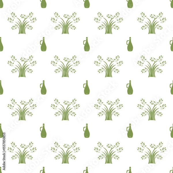 Obraz Jug of oil and olive tree. Seamless pattern. Vector illustration.