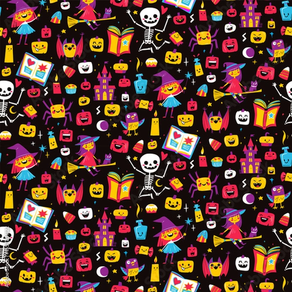 Fototapeta Cute Halloween Seamless Pattern with Witch, Pumpkin, Bat and Skeleton Kids Doodle Style