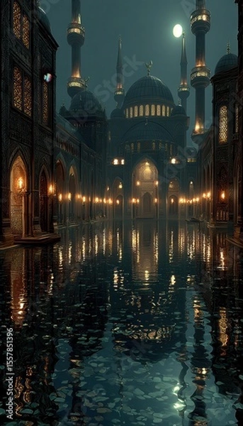 Fototapeta Night view of a mosque reflected in rain-soaked cobblestone