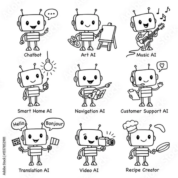 Obraz Set of 9 cute hand-drawn robot characters representing various AI technologies