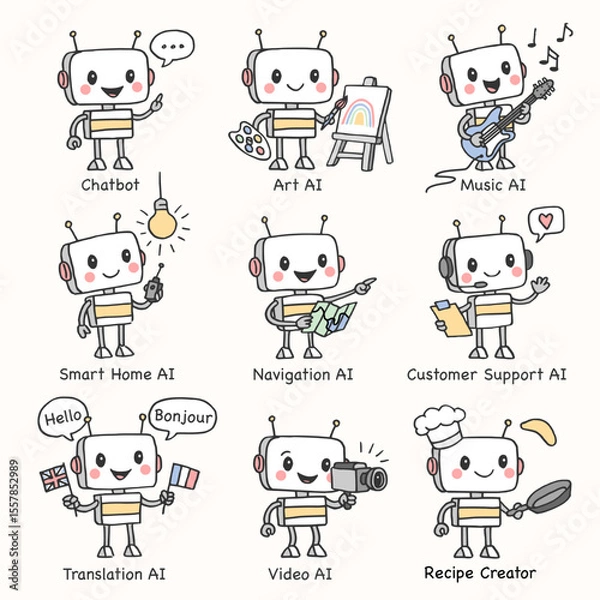Obraz Set of 9 cute hand-drawn robot characters representing various AI technologies