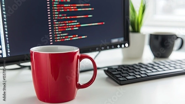 Obraz Red mug sits on desk with computer code 