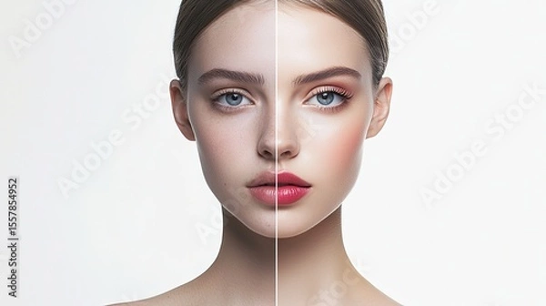 Obraz A young Caucasian woman with light brown hair, displaying a split face. One side has natural makeup, while the other features bold makeup. Clean background.