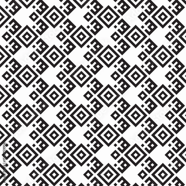 Fototapeta set of seamless geometric patterns, black and white geometric pattern, repeating motif, interconnected square and diamond shapes, staggered or offset grid, blocky lines, video game aesthetic,