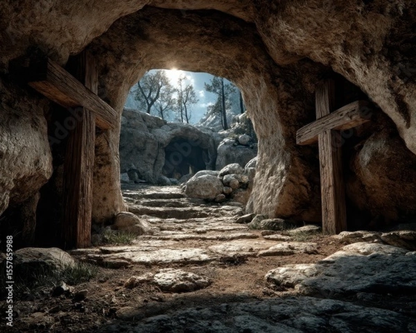 Fototapeta Stone cave entrance with crosses, path leading to light