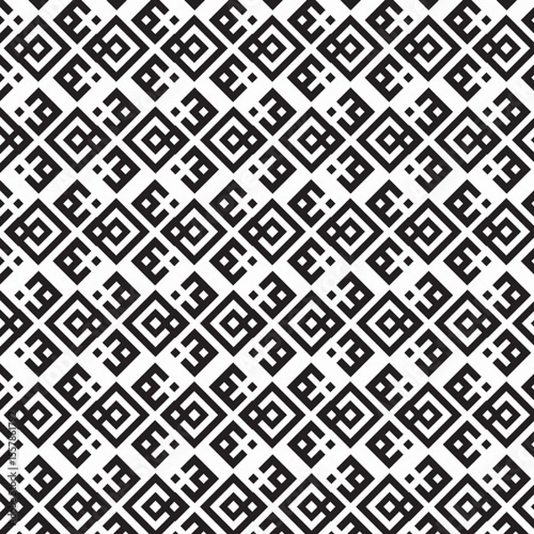 Fototapeta black and white seamless pattern, geometric pattern, repeating motif of blocky, interconnected shapes, squares, diamond staggered, offset grid, pixelated or step-like, modern, digital, retro aesthetic