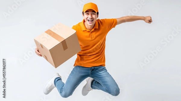 Obraz Smiling delivery man in orange uniform jumping with cardboard box on white background
