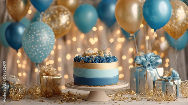 Fototapeta Charming birthday table with floating candles and ornate gold-blue cake surrounded by festive accessories