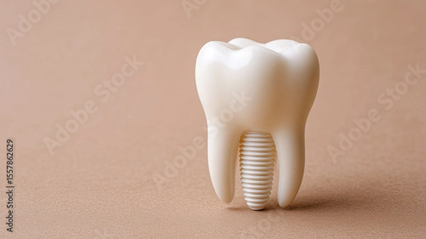 Fototapeta Clean bright ceramic tooth model placed on beige matte surface, ideal for dental mock-up visuals and product display