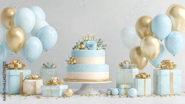 Fototapeta Dreamy pastel-colored birthday setup with glowing candles and gifts placed under light blue and gold balloon decor
