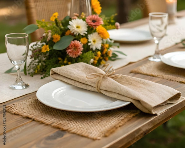 Fototapeta Rustic table setting with burlap napkin and flowers