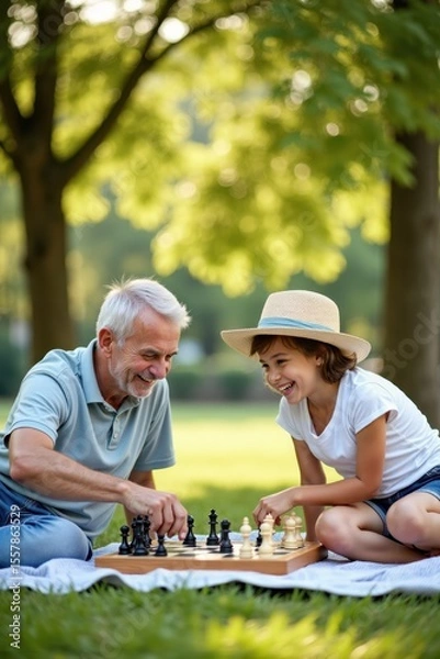 Fototapeta A child and grandparent playing chess in a sunny park, green trees and flowers around, a picnic blanket under the board. Both are smiling and enjoying the game