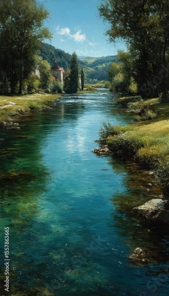 Obraz Tranquil river scene with lush green banks and distant hills