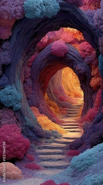 Obraz Tunnel of vibrant fantasy trees leads to a luminous golden light