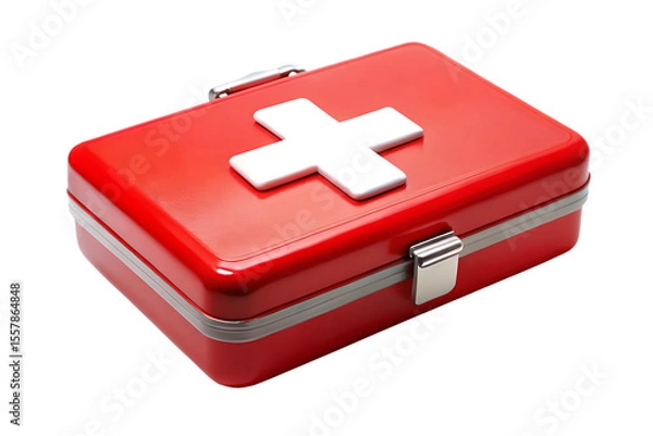 Fototapeta Red first aid kit with white cross symbol and metal clasps isolated on a transparent background medical kit