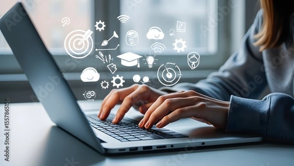 Fototapeta Online education and digital learning concept. Hands typing on a laptop with education icons such as diploma, brain, and target, ideal for e-learning platforms, digital skill development.