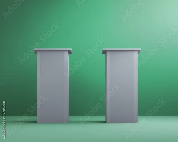 Obraz Two gray, rectangular podiums in front of a green backdrop