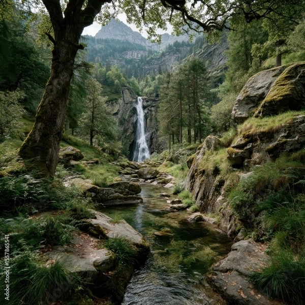 Obraz Verdant forest with a waterfall cascading into a clear stream