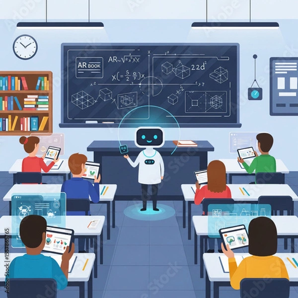 Fototapeta Humanoid robot teaching students in a modern classroom, standing in front of a whiteboard while students use tablets and follow the lesson attentively
