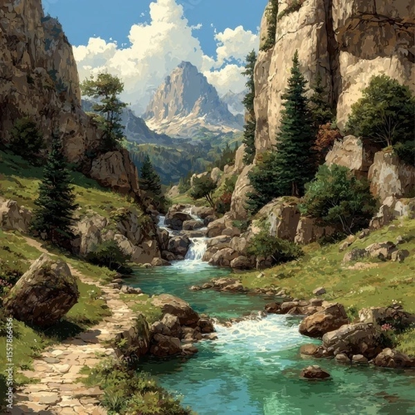 Obraz Vivid painting depicts a serene river valley surrounded by mountains
